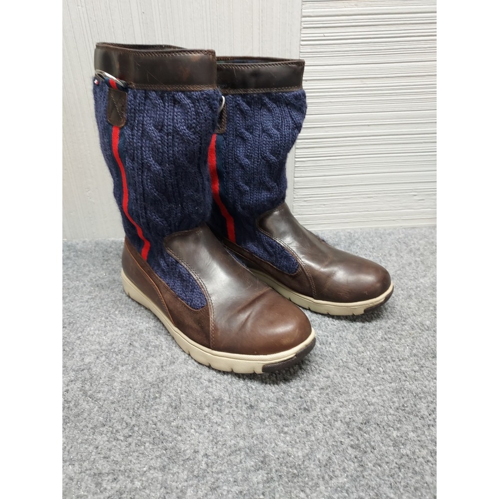Tommy Hilfiger Men Sweater Boots 8.5M Navy Cable Knit Brown Leather Trim Outdoor